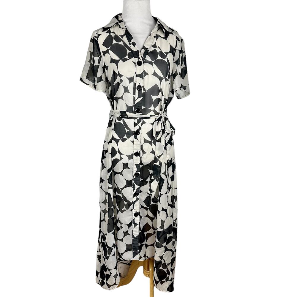 Hi Low Button Up Shirt Dress Womens 10 Abstract Belted Tradwife Sheer Nostalgic